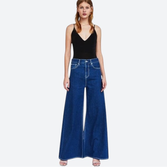 Zara Super Wide Leg Blue Jeans Medium Wash High Rise Ankle Length Denim - Picture 1 of 12